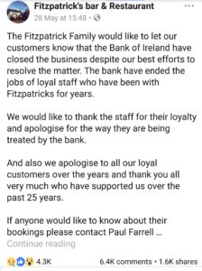 Fitzpatricks Bar and Restaurant closure announcement